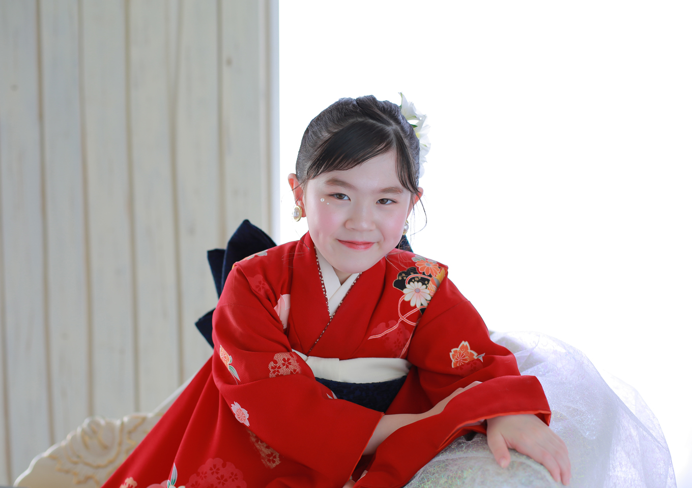 七五三　和装　着物　赤色　かわいい　写真館　フォトスタジオ　アニーズスタジオ　上越