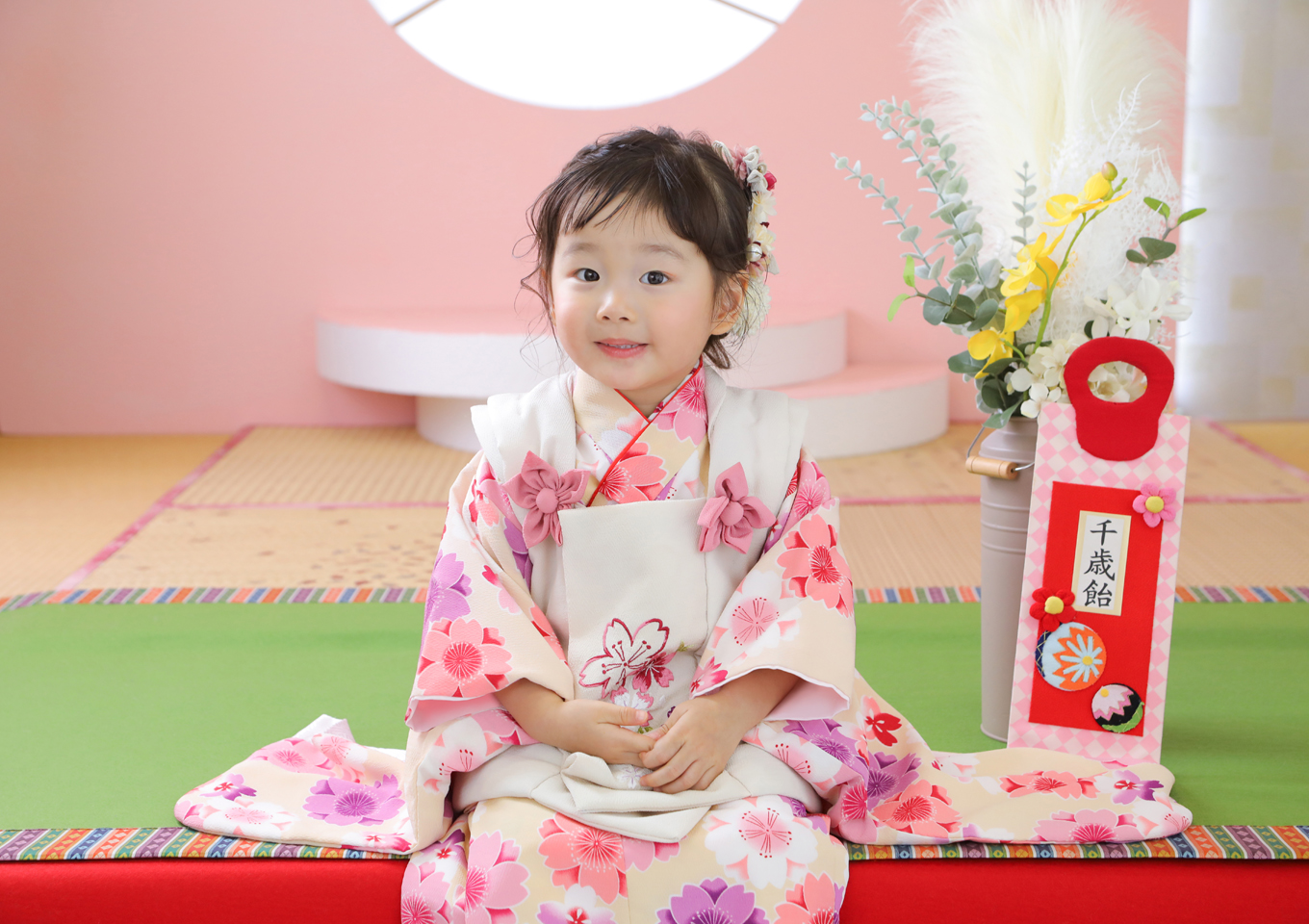 可愛い　お被布　三歳　七五三　和装　着物　写真館　フォトスタジオ　アニーズスタジオ　上越