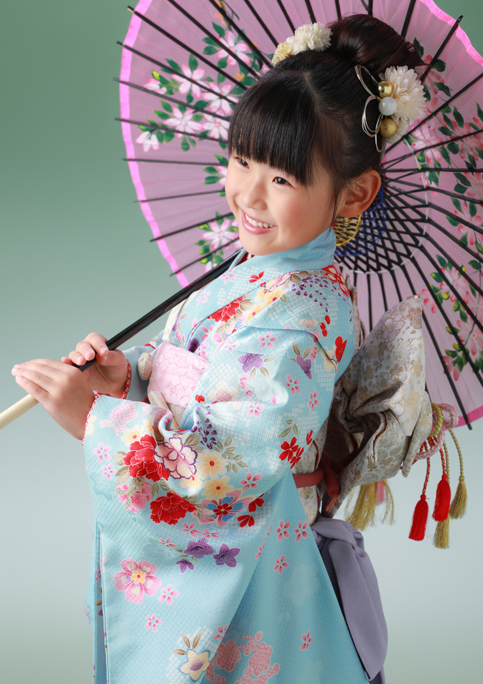 アニーズスタジオ　写真館　スタジオ写真館　フォトスタジオ　七五三　753　7歳女の子　和傘　着物　帯